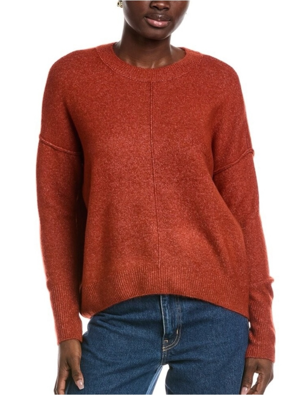 Vince Camuto Sierra Boxy Ribbed Knit Oversized Crewneck Sweater Burnt Orange M
